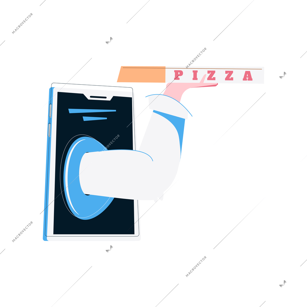 Online order flat concept with smartphone and human hand holding box with pizza vector illustration