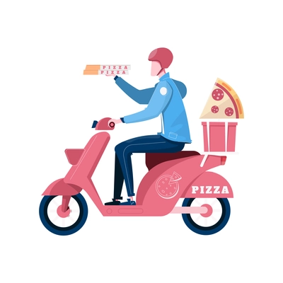 Pizza delivery man riding scooter flat vector illustration