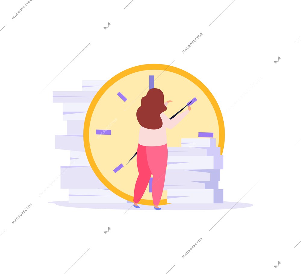 Office work deadline icon with flat character and piles of papers vector illustration