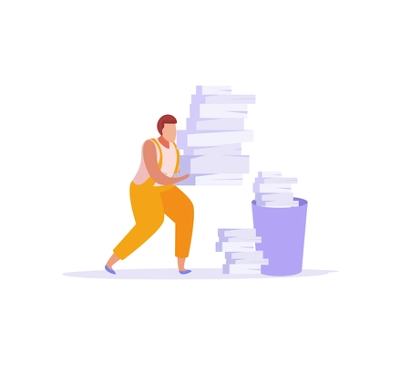 Office paper work icon with flat character of man carrying pile of documents vector illustration