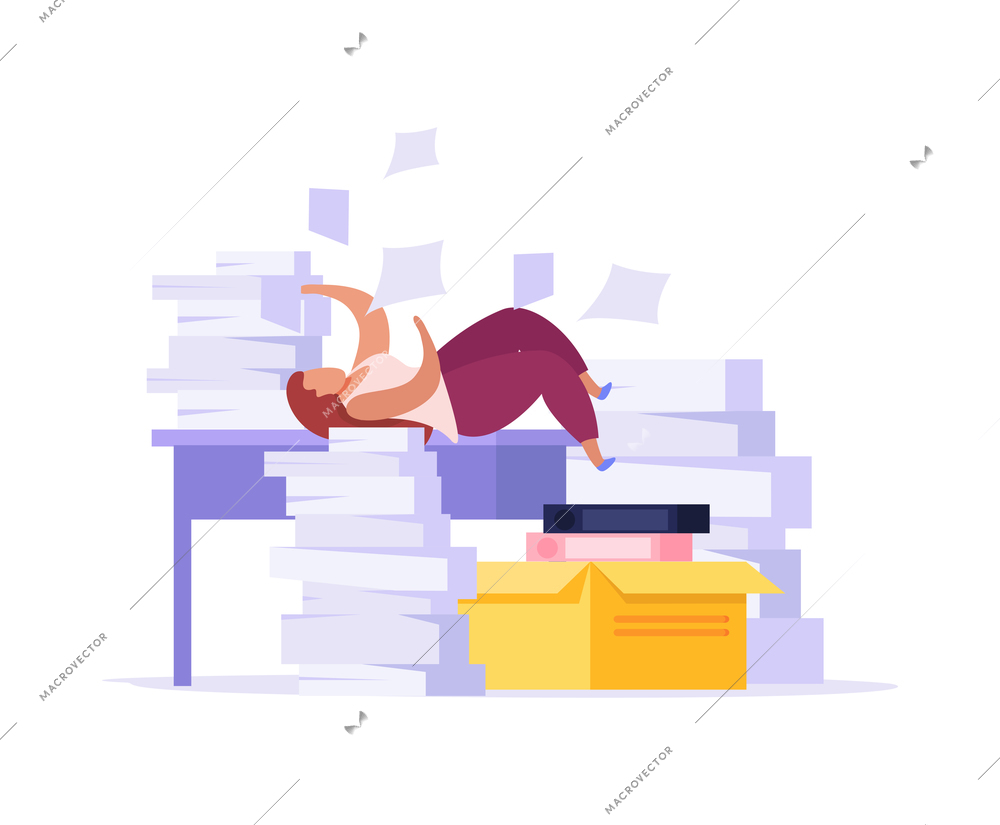 Woman tired from paper work in office flat icon vector illustration
