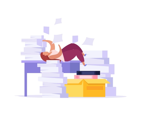 Woman tired from paper work in office flat icon vector illustration