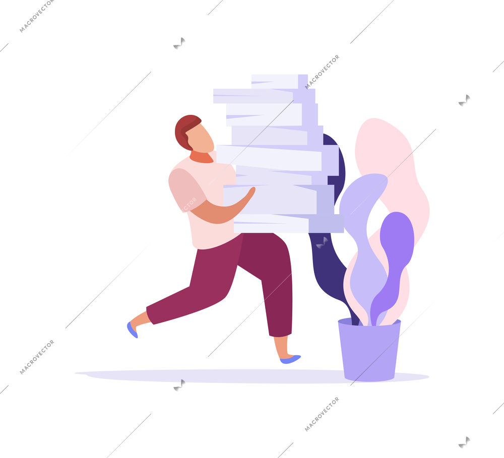 Office work flat icon with man running with pile of papers vector illustration