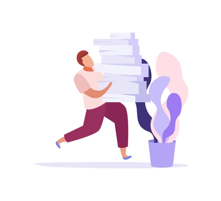 Office work flat icon with man running with pile of papers vector illustration