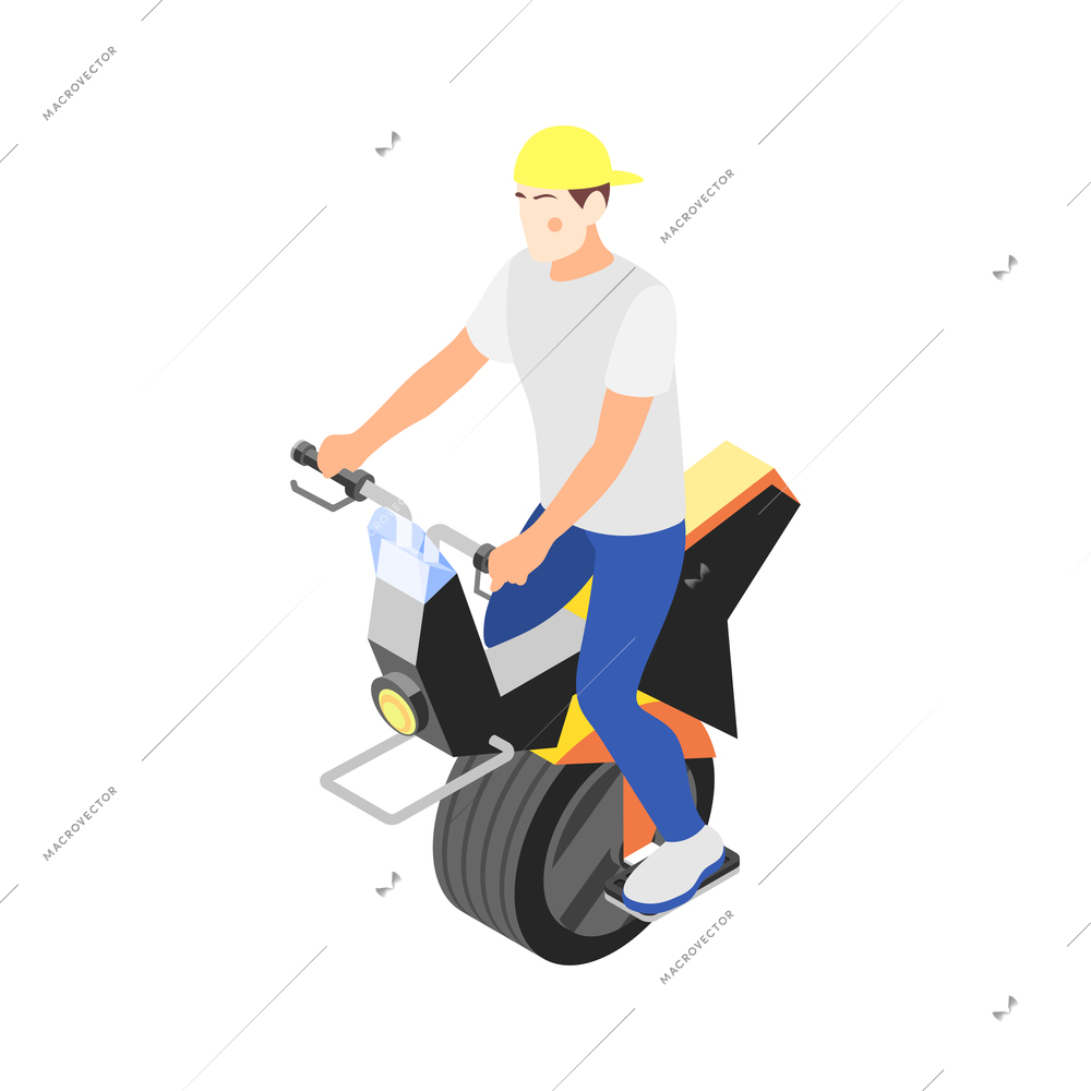 Modern city transport isometric icon with man in helmet riding monocycle 3d vector illustration