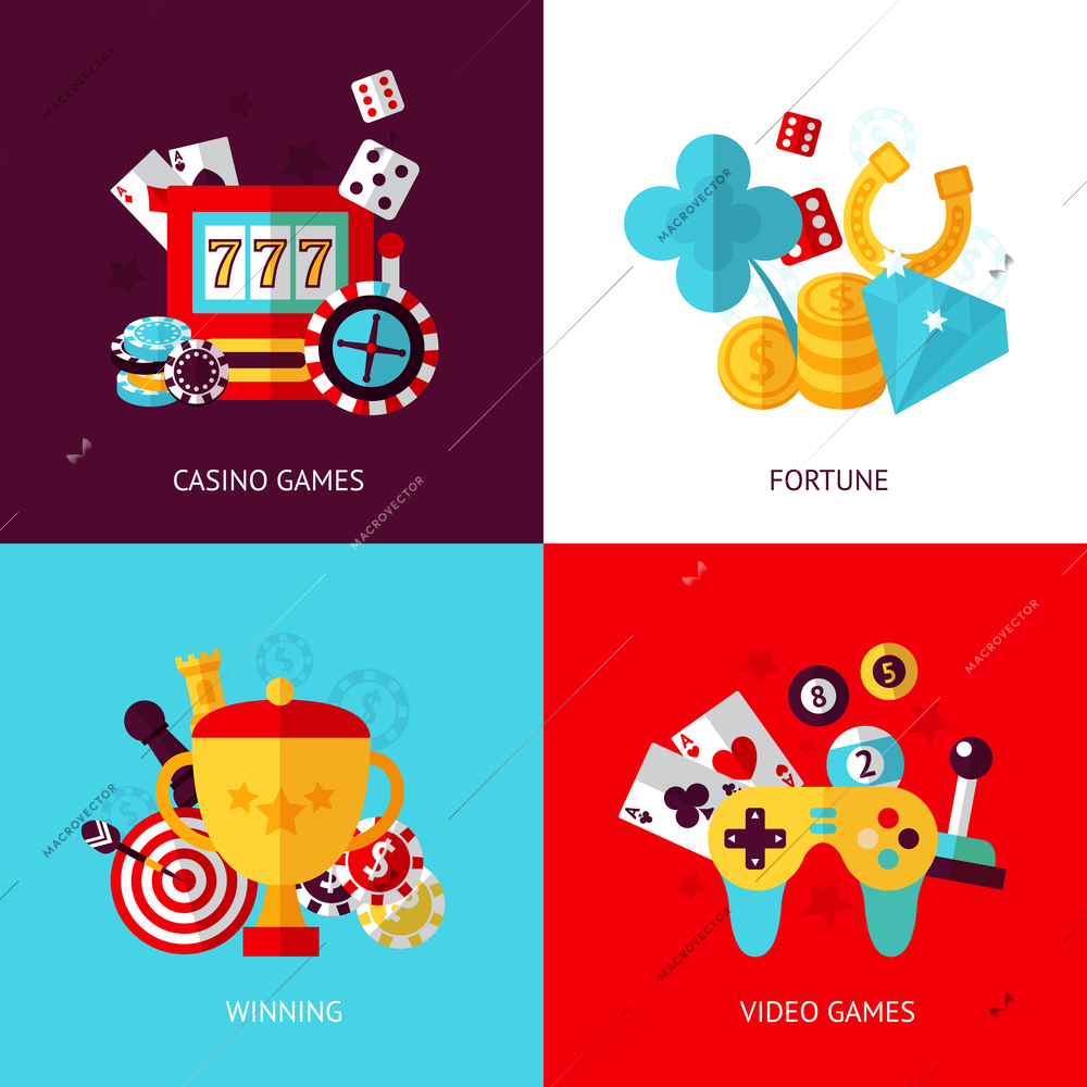 Game design flat concept set with casino fortune winning video isolated vector illustration