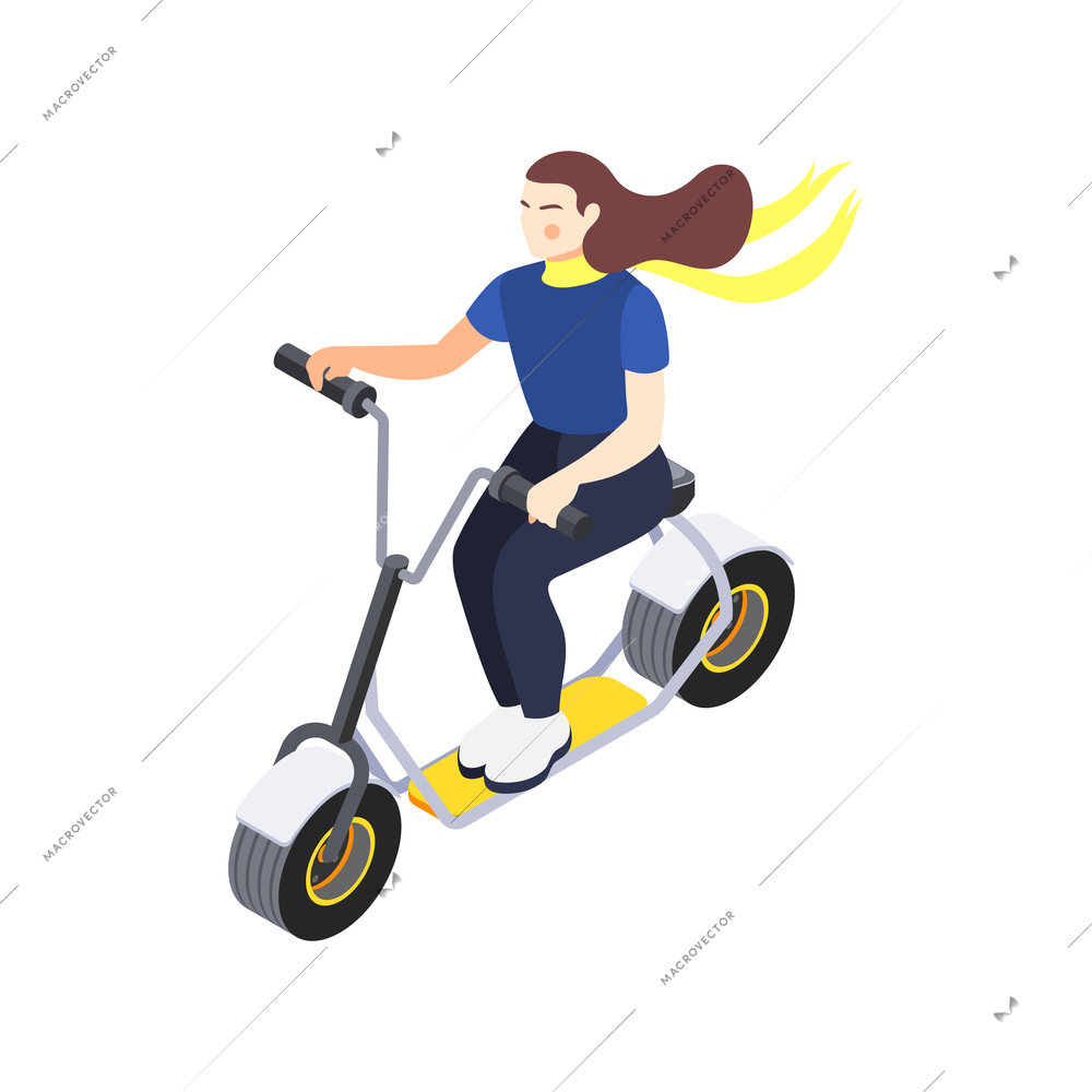 Modern city personal eco transport isometric icon with woman riding electric scooter 3d vector illustration