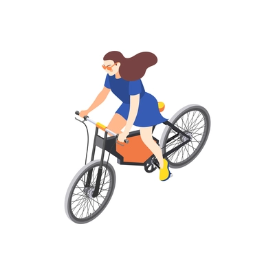 City personal eco transport isometric icon with woman riding modern bicycle 3d vector illustration