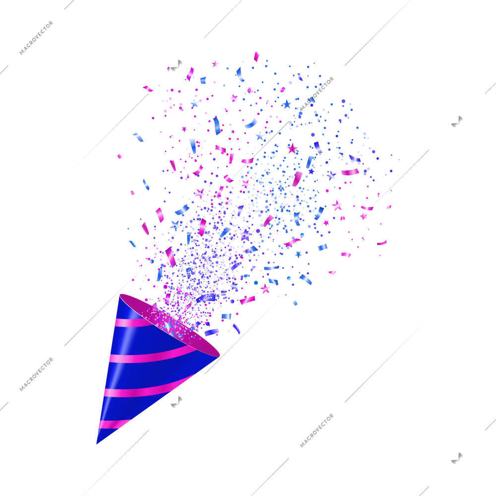 Cone party popper exploding with colorful confetti of different shape realistic vector illustration