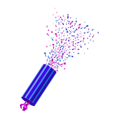 Party popper exploding with blue and purple serpentine realistic vector illustration