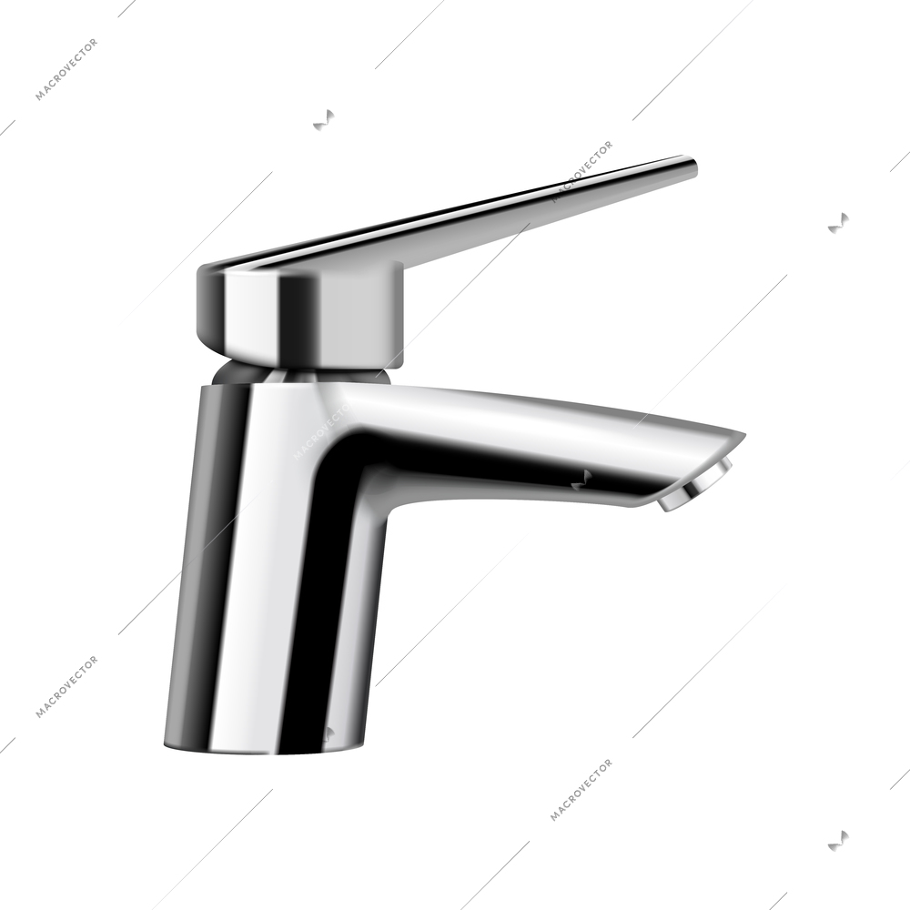 Chrome plated steel faucet on white background realistic vector illustration