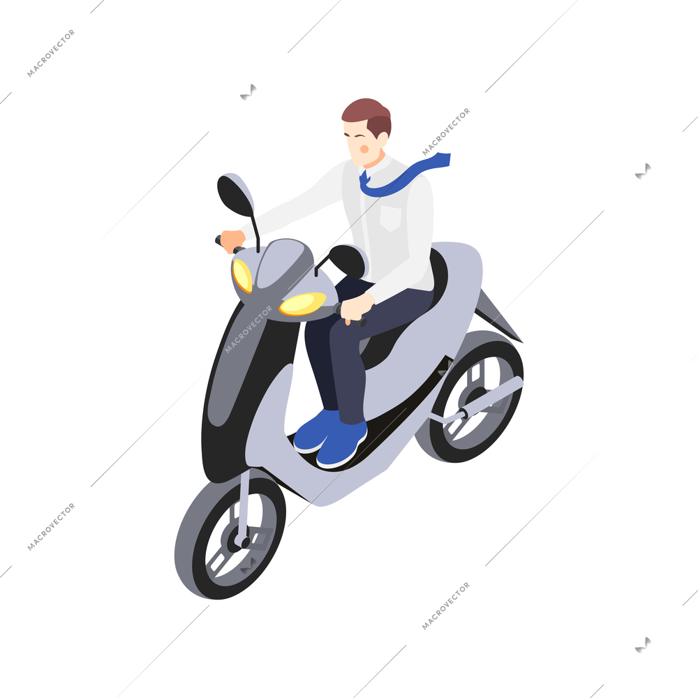 Modern city personal transport icon with man riding scooter 3d isometric vector illustration