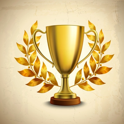 Golden metallic trophy cup first place winner award with laurel wreath vector illustration