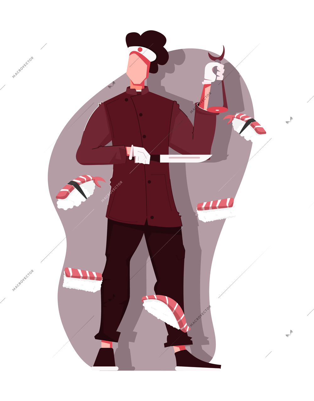 Flat composition with male character of restaurant chef and sushi vector illustration