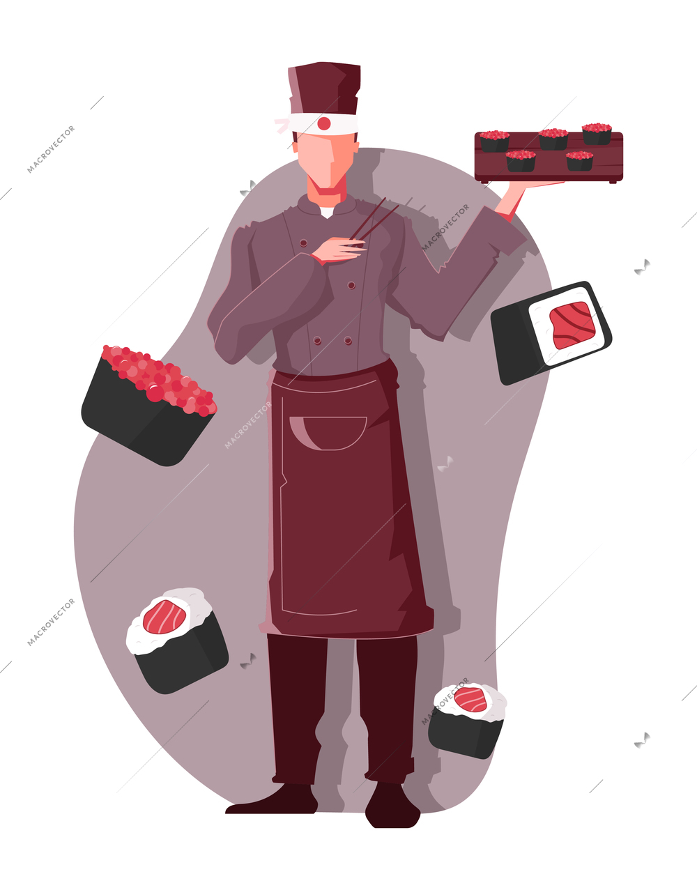 Flat composition with sushi images and male waiter holding tray and chopsticks vector illustration