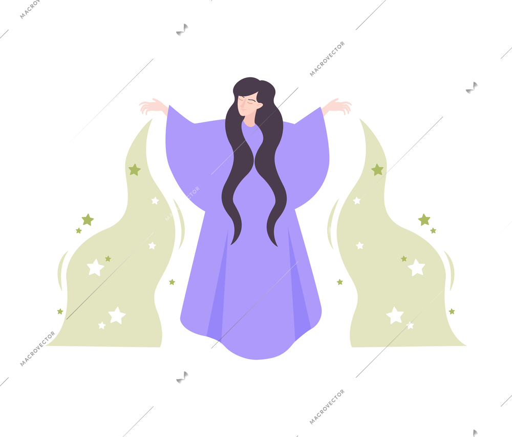 Flat character of long haired sorceress doing magic vector illustration