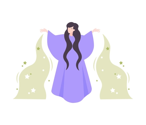 Flat character of long haired sorceress doing magic vector illustration