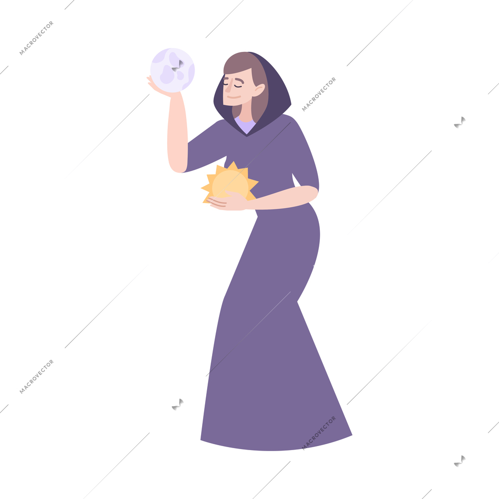 Flat character of female seer holding sun and earth vector illustration