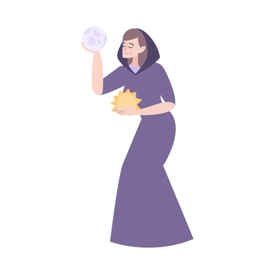 Flat character of female seer holding sun and earth vector illustration