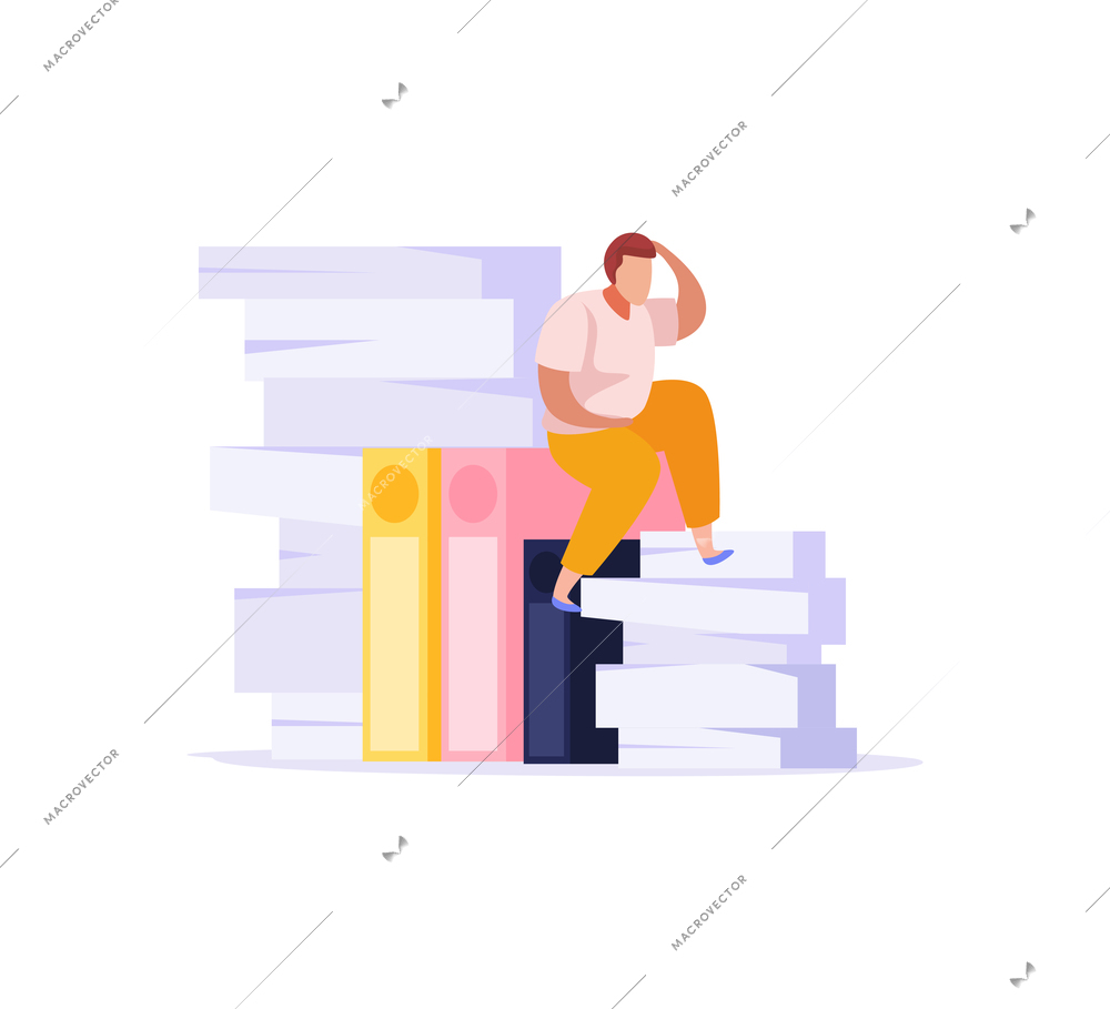 Flat icon with tired from paper work man sitting on pile of documents vector illustration