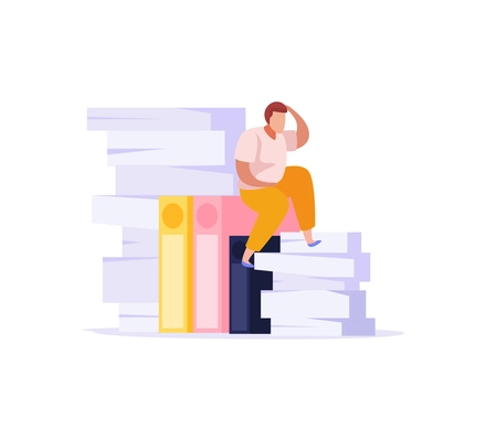 Flat icon with tired from paper work man sitting on pile of documents vector illustration