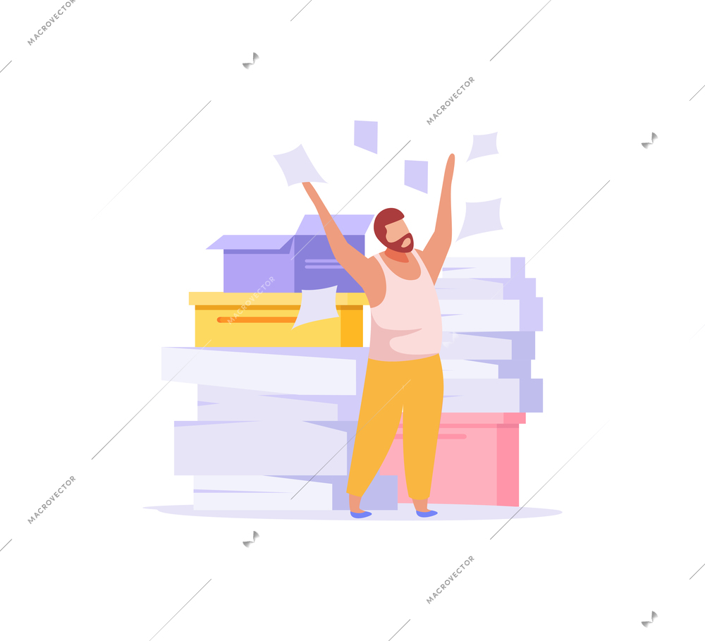 Flat office work icon with character of man and piles of documents vector illustration