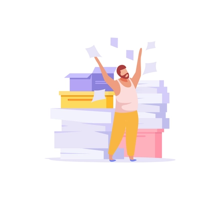 Flat office work icon with character of man and piles of documents vector illustration