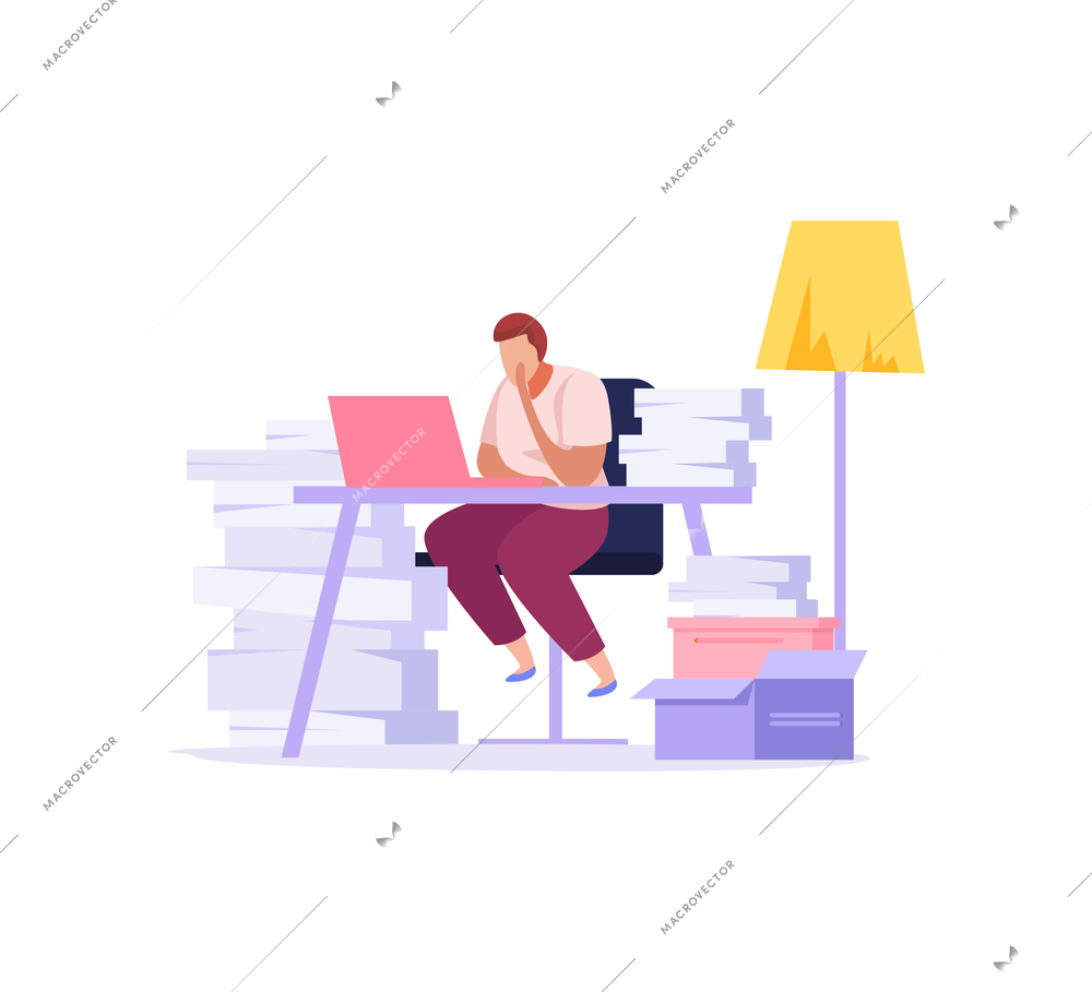 Flat icon with man tired from paper office work vector illustration