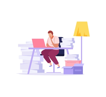 Flat icon with man tired from paper office work vector illustration
