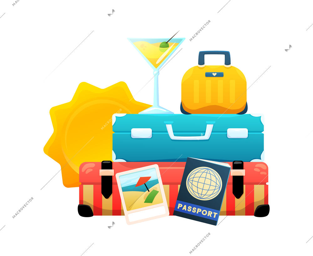 Travel colored composition with luggage passport sun cocktail photo flat vector illustration