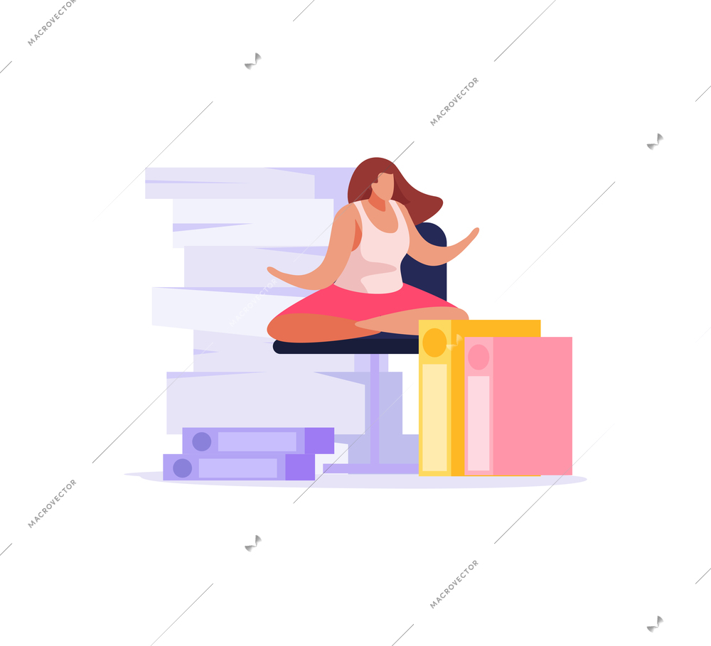 Flat icon with female character tired from paper work vector illustration