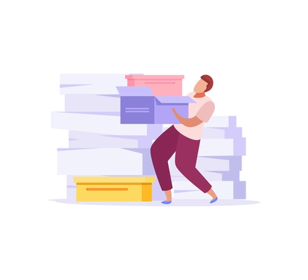 Man tired from paper work in office flat icon vector illustration