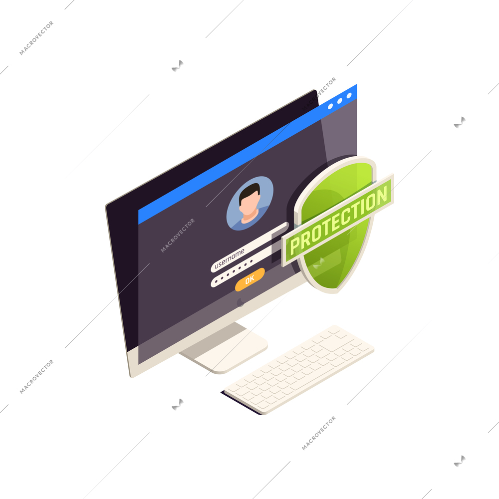 Privacy data protection isometric icon with computer and shield 3d vector illustration