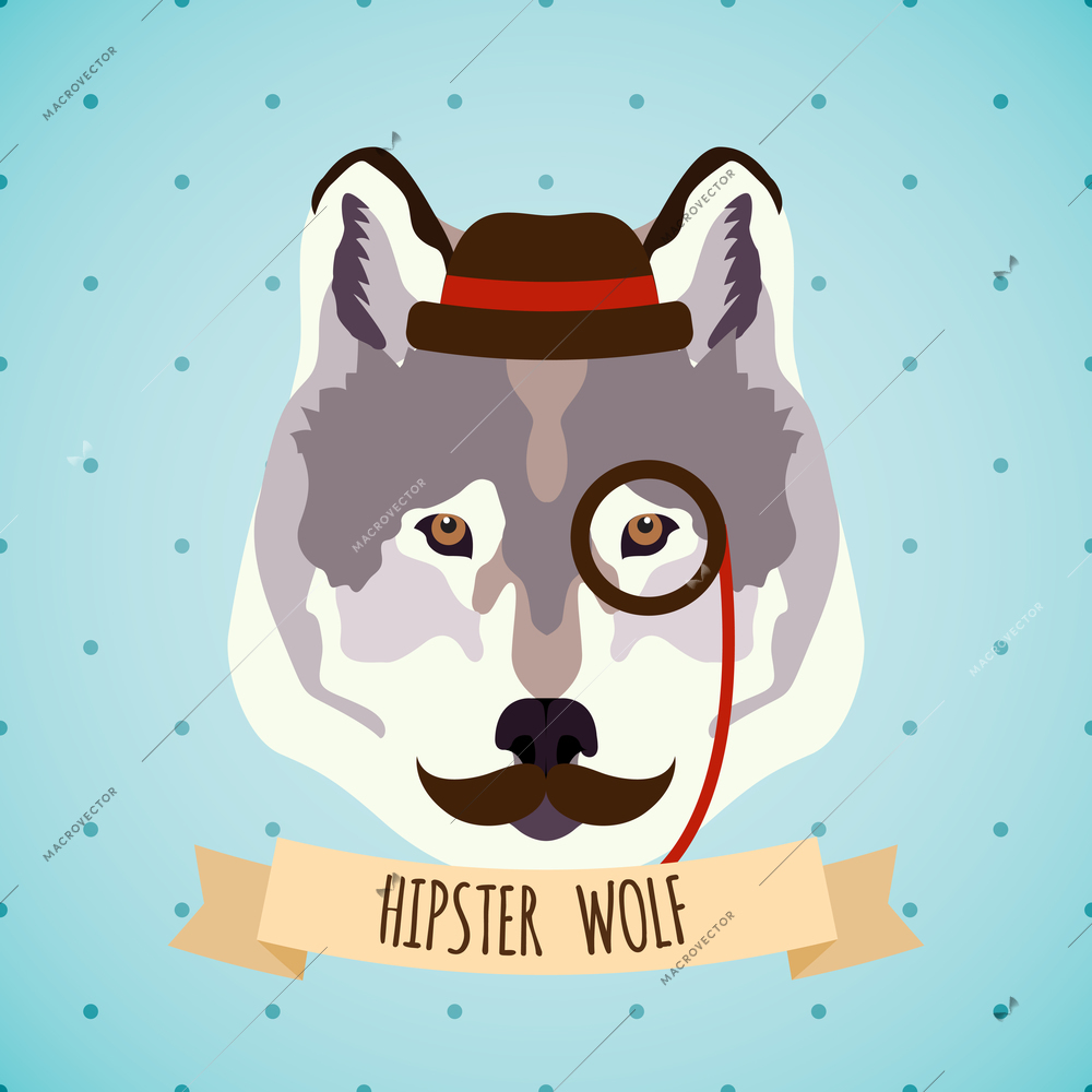 Animal wolf with monocle hat and moustache hipster portrait vector illustration