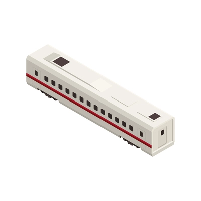 Isometric white train carriage with red stripe back view 3d vector illustration