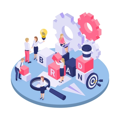 Isometric concept with characters building word brand cogwheel magnifier 3d vector illustration