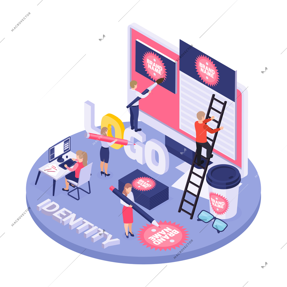 Brand identity concept with people creating logo 3d isometric vector illustration