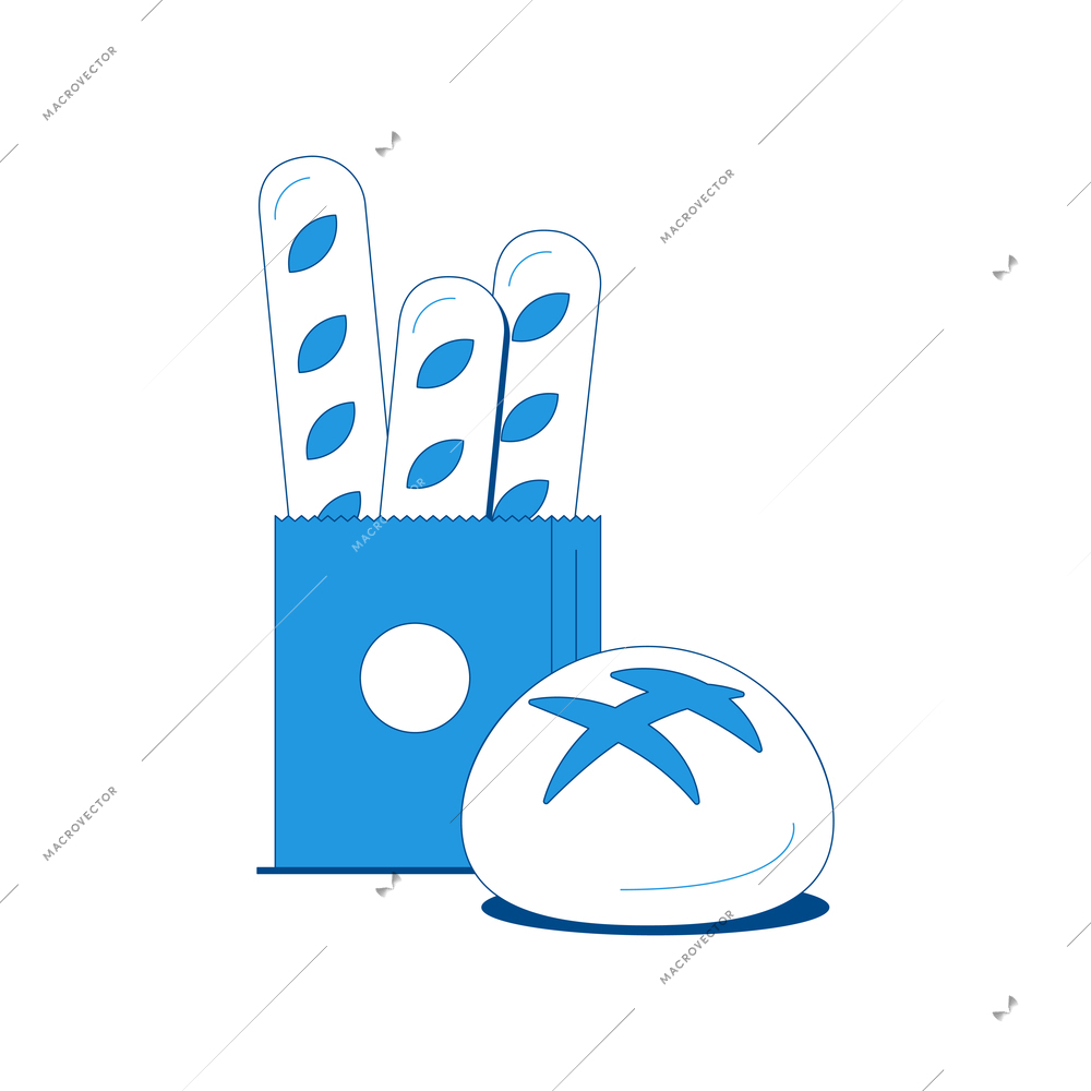 Grocery shopping flat icon with round bread and bag with baguettes vector illustration