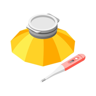 Fever treatment isometric icon with thermometer and cold compress 3d vector illustration