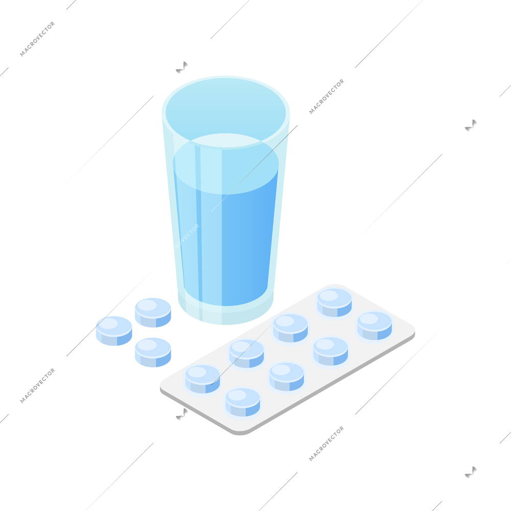 Blister with pills and glass of water isometric icon 3d vector illustration