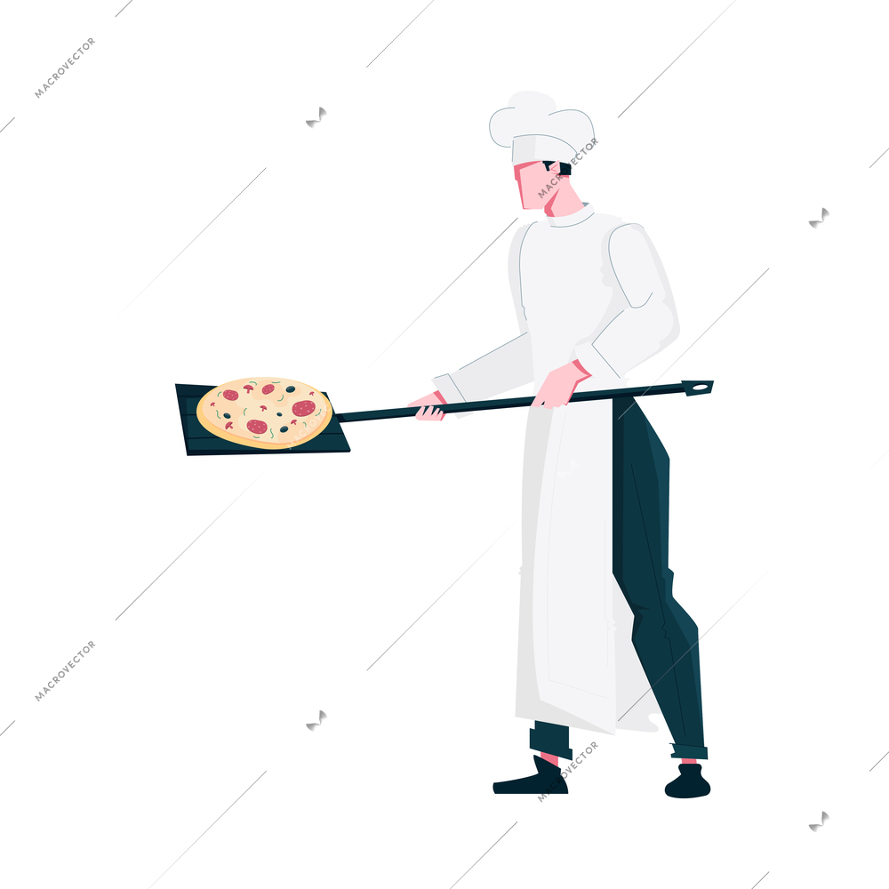 Male chef in uniform going to put pizza into oven flat vector illustration