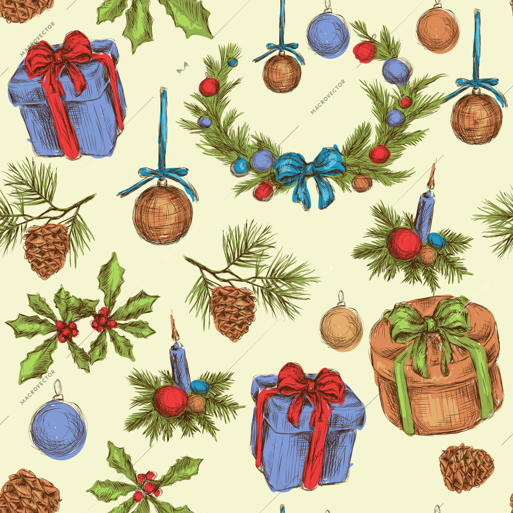 Christmas new year holiday celebration decoration sketch colored decorative seamless pattern vector illustration