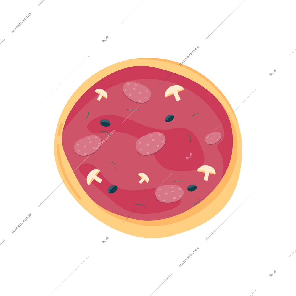 Pepperoni pizza with mushrooms flat icon vector illustration