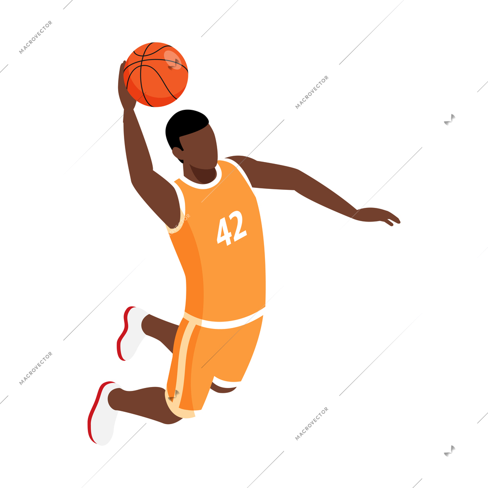 Isometric icon with male basketball player making slam dunk 3d vector illustration