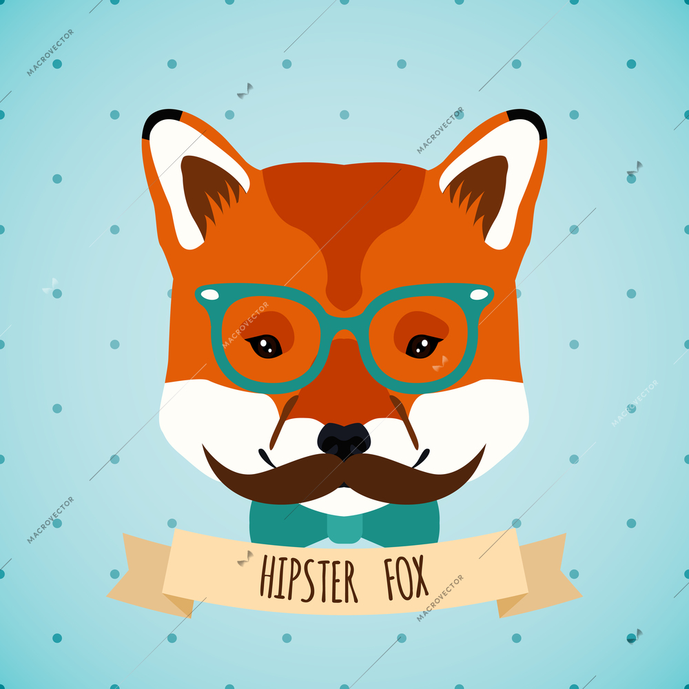 Animal fox with glasses bow and moustaches hipster character portrait vector illustration.