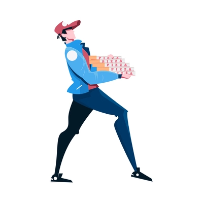 Male courier carrying stack of pizza boxes flat vector illustration