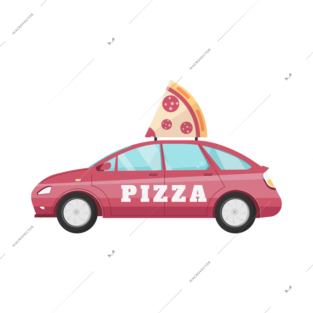 Flat delivery car with artificial piece of pizza vector illustration