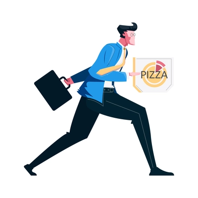 Male character of businessman running with pizza box and briefcase flat vector illustration