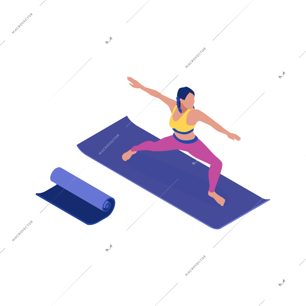 Isometric icon with woman doing fitness on mat isolated vector illustration