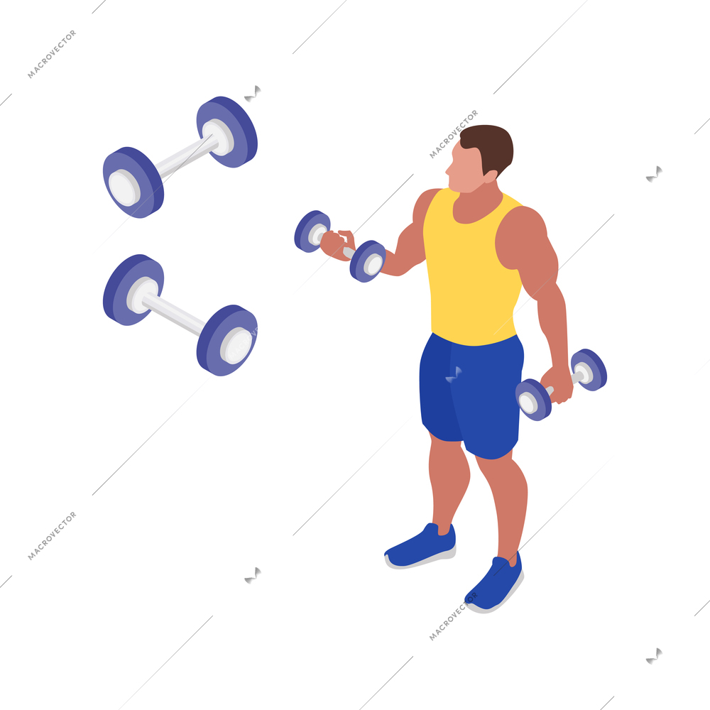 Man doing fitness with dumbbells isometric icon isolated vector illustration